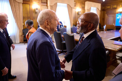 President Russell M. Nelson greets Reverend Dr. Amos C. Brown prior to a news conference with NAACP leadership in the Church Administration Building on Temple Square in Salt Lake City on June 14, 2021.