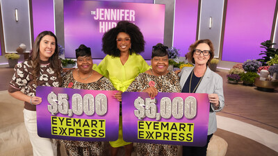 Special education teachers Minnie and Mattie, known nationwide as the TurnUp Twins, are honored with a $10,000 surprise from Eyemart Express on The Jennifer Hudson Show with Jennifer Hudson (center).