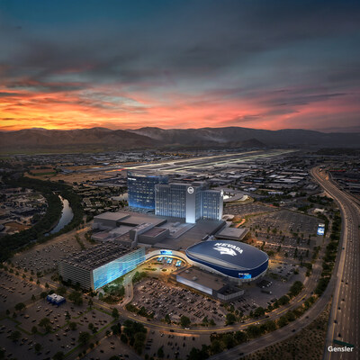 Rendering of the future Grand Sierra Resort Arena, with the adjacent Community Ice Center and new 2,800-space parking garage — the first phase of GSR’s historic $1 billion redevelopment project transforming Reno’s sports and entertainment landscape.