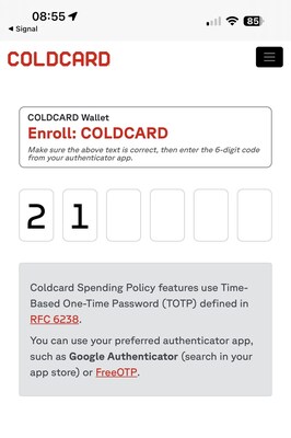 COLDCARD Web second factor authentication (CNW Group/Coinkite)