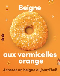 Tim Hortons offrira de nouveau le beigne aux vermicelles orange d&#232;s AUJOURD&#8217;HUI. La totalit&#233; des recettes ira &#224; des organismes autochtones (Groupe CNW/Tim Hortons Advertising and Promo Fund (Canada) Inc.)