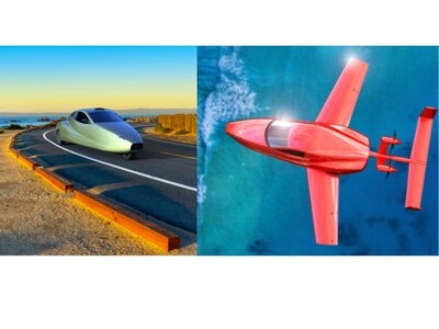 Switchblade Flying Sports Car (rendering)-The Switchblade is a highway-capable, hybrid electric vehicle that is high-performance both on the road and in the air. The Switchblade parks in the owner's garage, uses existing airport infrastructure for take-off and landing, and fully encloses the wings, tail and propellers while driving. The Switchblade seats two, side-by-side, with room for travel bags and flies up to 500 miles/805 km on a single tank of premium auto gas.