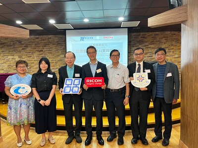 Representative of Ricoh Hong Kong join with the guests took a commemorative photo together, (from left): Ms Yeung Pui Ling, Principal, St. Matthew's Lutheran School (Sau Mau Ping), Ms Polly Chan, President Assistant (Education), LCHKS, Mr Chan Sing Kong, Paul, Chairman, Christian Education Committee, LCHKS, Mr Leslie Yam, Head of Education, government and Special Accounts at Ricoh Hong Kong, Mr Chan Chu Chung, Member, Christian Education Committee, LCHKS, Dr. Leung Cheuk Fun, Principal, Gertrude Simon Lutheran College, Mr Cheung Luk Kin, Chief Executive of Department of Continuing Education, LCHKS