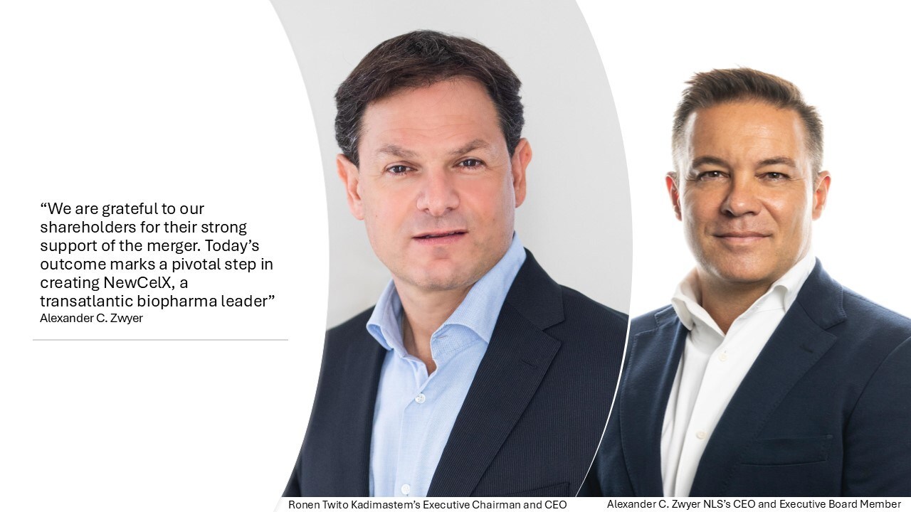 Ronen Twito, Kadimastem's Executive Chairman and CEO and Alexander C. Zwyer NLS's CEO & Executive Board Member stated: "“We are grateful to our shareholders for their strong support of the merger. Today’s outcome marks a pivotal step in creating NewCelX, a transatlantic biopharma leader”