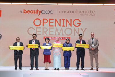 From L to R: Mr. Khairul Nizam Moonier, Director, Lifestyle & Life Sciences Section, MATRADE; Tan Sri Abdul Rahman Mamat, Chairman, beautyexpo & Cosmobeauté M'sia ; Ms. Margaret Ma Connolly, President, Informa Markets Asia; YB Datuk Seri Dr. Noraini Ahmad, Deputy Minister of Women, Family & Community Development; YM Tengku Khairul Adena Binti Tengku Abdullah, Selangor & Perak Royal Family, President, MEEDC; Mr. Hairol Ariffein Sahari, CEO, HDC; Mr. Gerard Leeuwenburgh, GM, Informa Markets M'sia