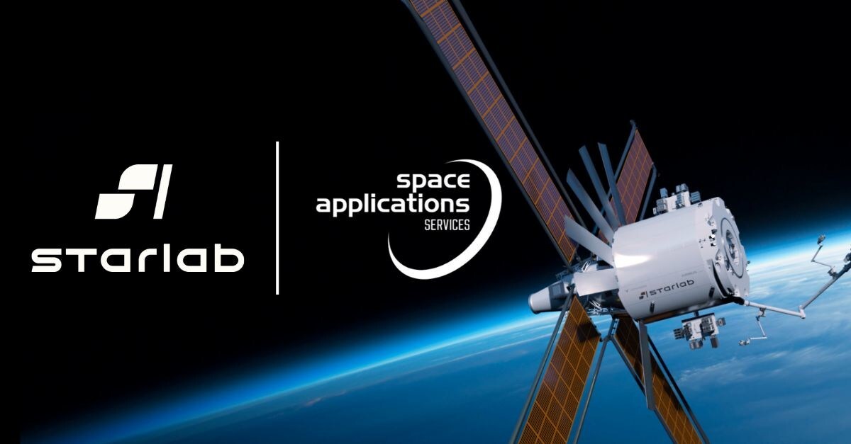 Starlab and Space Applications Services logos next to an artist's rendering of the Starlab space station in orbit.