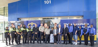 (From left to right: Inter-Con security officers; Ryan Beaman, Vice President Pro Tempore of the Professional Fire Fighters of Nevada; Chris Holmes, Las Vegas Metropolitan Police Department (Metro) Deputy Chief ; Joshua Martinez, Metro Captain; Maleya P., RTC Transit Rider; MJ Maynard-Carey, RTC Chief Executive Officer; Tick Segerblom, Clark County Commissioner and RTC Board Member; Jim Seebock, Henderson City Councilman and RTC Board Member; and Transdev bus operators)