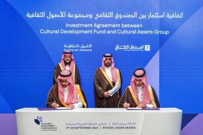 Abdulaziz AlSulaim (seated left), CEO of Cultural Assets Group, and Majed bin Abdulmohsen Al-Hugail (seated right), CEO of the Cultural Development Fund, joined by Abdullah AlZamel (standing left), Chairman of Cultural Assets Group, and Prince Bader bin Abdullah bin Farhan Al Saud (standing right), Minister of Culture, signed an agreement at the Cultural Investment Conference in Riyadh to launch a SAR 850 million Private Investment Fund, sponsored by the Ministry of Culture, aimed at supporting strategic investments across Saudi Arabia's cultural sector.