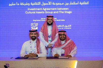 Abdullah AlZamel, Chairman of Cultural Assets Group (standing), Abdulaziz AlSulaim, CEO of Cultural Assets Group (seated right), and Mohammed Almousa, CEO of The Stage (seated left), at the Cultural Investment Conference in Riyadh, where Cultural Assets Group announced the acquisition of The Stage, a leading social and cultural platform in Saudi Arabia that fosters community building, dialogue, and impact within the Kingdom's cultural and creative movement.
