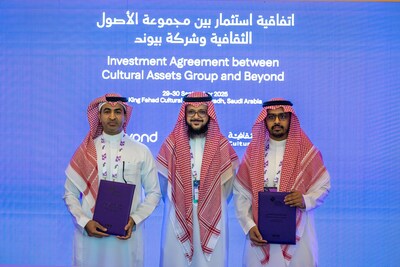 Ahmed AlAttas, CEO of Beyond (left), Abdullah AlZamel, Chairman of Cultural Assets Group (middle), andAbdulaziz AlSulaim, CEO of Cultural Assets Group (right) at the Cultural Investment Conference in Riyadh, where Cultural Assets Group announced its acquisition of Beyond, a company specializing in strategic planning, development, and project management in the culture, tourism, and heritage sectors.