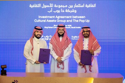 Nawaf AlAbdali, Founder and CEO of The Pop Up (left), Abdullah AlZamel, Chairman of Cultural Assets Group (middle), and Abdulaziz AlSulaim, CEO of Cultural Assets Group (right), at the Cultural Investment Conference in Riyadh, where Cultural Assets Group announced its acquisition of The Pop Up, a Saudi fashion brand that supports local designers and labels by driving their commercial growth and market presence.