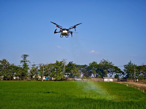 XAG P100 Pro melakukan penyemprotan di sawah yang dikelola SHS Sukamandi (PRNewsfoto/XAG)
