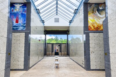 Inside the newly opened Open-Air Mausoleum of the Holy Spirit at Holy Cross Cemetery in North Arlington, NJ, two of the nine mosaics—Water and Fire—shine as vivid symbols of the Spirit’s presence.