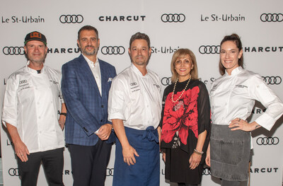 Chef John Jackson (CHARCUT), Vito Paladino, President, Audi Canada, Chef Marc-André Royal (Le St-Urbain), Mayor Gondek, and Chef Connie DeSousa (CHARCUT) at the Audi Canada Sustainability Dinner at CHARCUT on October 2, 2025 in Calgary (CNW Group/Audi Canada)
