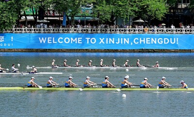 Athletes compete in the 2025 Chengdu Open Rowing Regatta on the Nanhe River in Xinjin district of Chengdu, Sichuan province, on Oct 2. (PRNewsfoto/Chengdu Xinjin District Government)