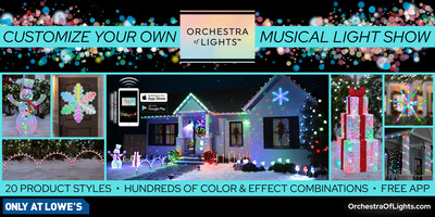 Orchestra of Lights™ uses advanced technology to synchronize an amazing light show—with hundreds of color and effect options—to the beat of six holiday songs or your own playlist.