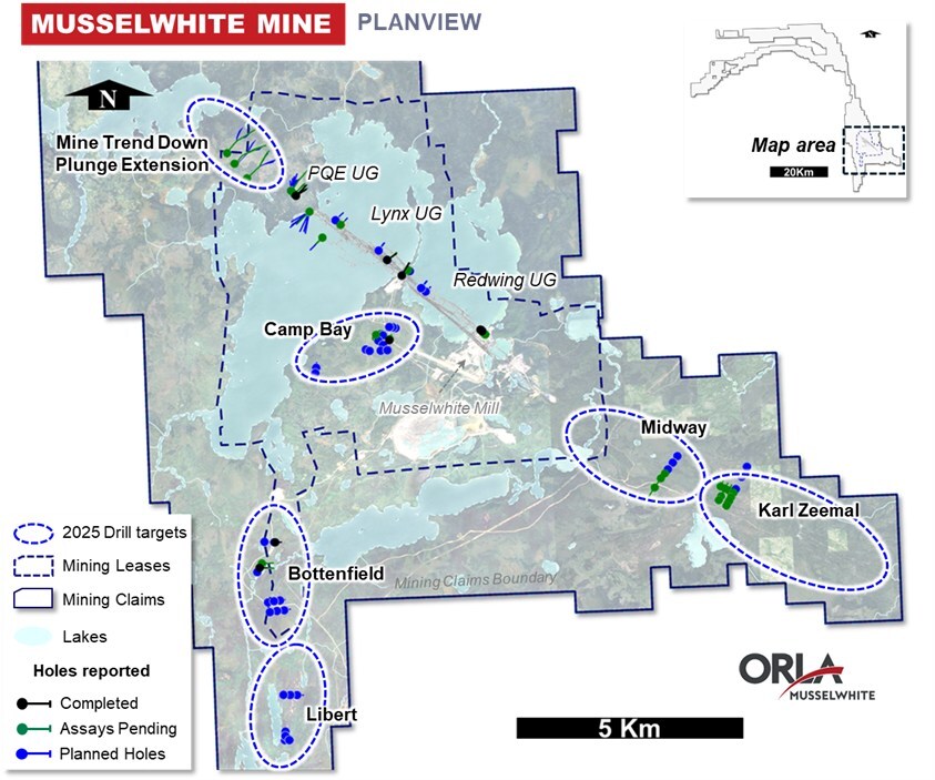 Figure 1: Musselwhite Plan View with Location of Reported and Planned Drill Holes (CNW Group/Orla Mining Ltd.)