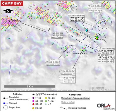 Figure 8: Camp Bay Surface Plan with Historical and New Drill Result Highlights (CNW Group/Orla Mining Ltd.)