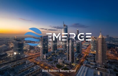 Emerge logo emerging over Dubai cityscape, reflecting ambition, innovation, and future growth.