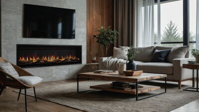 Lifelike digital flames flicker and crackle over glowing logs and embers, delivering all the cozy feels within a modern fireplace design.