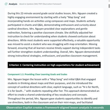Observation Copilot creates a framework-aligned lesson analysis in seconds.