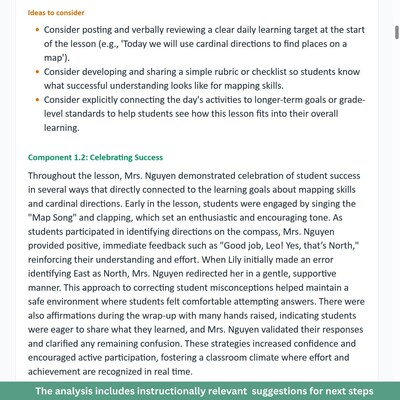 The analysis includes instructionally relevant suggestions for next steps.