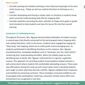 The analysis includes instructionally relevant suggestions for next steps.