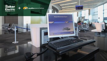 Airport gate workstation featuring a microphone and computer monitor displaying flight software, representing Audio Associates’ AV expertise now part of Baker Electric’s expanded capabilities.