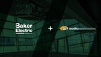 Logos of Baker Electric and Audio Associates displayed over a modern interior with angled glass walls, symbolizing their new partnership in integrated AV and electrical solutions.