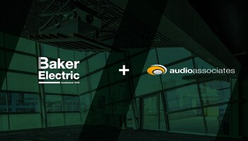 Logos of Baker Electric and Audio Associates displayed over a modern interior with angled glass walls, symbolizing their new partnership in integrated AV and electrical solutions.