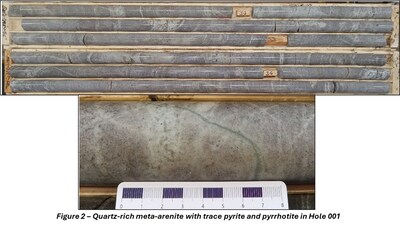 Figure 2 - Quartz-rich meta-arenite with trace pyrite and pyrrhotite in Hole 001 (CNW Group/Targa Exploration Corp.)
