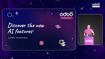 Odoo’s AI Product Owner sharing the features of Odoo AI at Odoo Experience 2025 (source: Luc Nailis, 2025)