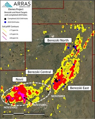 Figure 5.2 Elemes property, completed Arras drill-holes and pXRF copper soil geochemistry anomaly, and principal targets. (CNW Group/Arras Minerals Corp.)