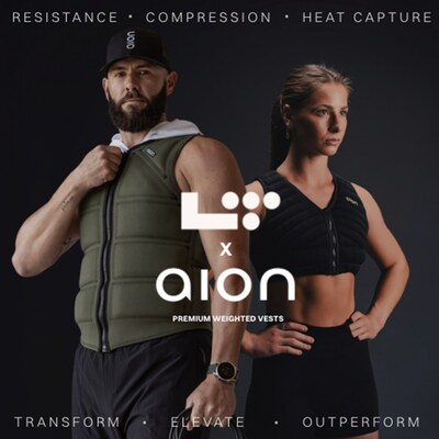 A man and a woman wearing Aion vests, the official weighted vest sponsor of Life Time's Dynamic Personal Training, Signature Group Training, and ARORA programs.