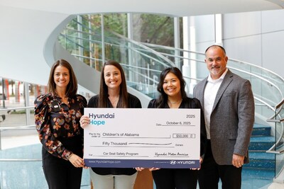 (left to right) Julia Taliaferro, director of development, Children’s of Alabama, Ashley Bridgmon, manager, health education and safety center, Children’s of Alabama, Raelynn Blackwell, corporate social responsibility, Hyundai Motor North America, Derek Marshall, director of safety systems and processes, Hyundai North America Safety Office in Birmingham, Ala. on Oct. 6, 2025 (Photo/Hyundai)