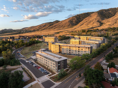 The Village at Mines Park, located on the Colorado School of Mines’ campus, opened on August 1st. Phase one of the redevelopment encompassed the renovation of 19 residential buildings and one community center of the existing Mines Park. (shown in the back left) Phase two encompassed the construction of five new buildings that are LEED Gold certified and were constructed with CLT panels. (shown in the foreground)