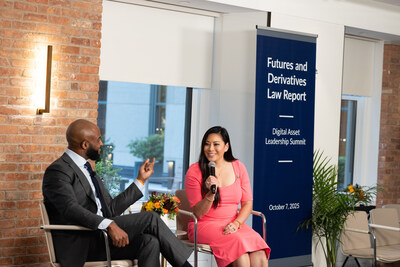 US Commodity Futures Trading Commission Acting Chairman Caroline D. Pham speaks with Katten Financial Markets and Regulation Co-Chair Carl E. Kennedy at the Futures and Derivatives Law Report’s Digital Asset Leadership Summit held at Katten’s New York office on Oct. 7, 2025. (Photo credit: Patrick Nugent / Camera 1)