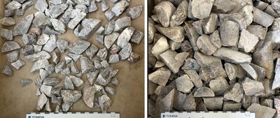 Figure 3: Left - <percent>20.0%</percent> Cs2O pollucite concentrate (12.5 to 25 mm fraction); Right - <percent>11.5%</percent> Cs2O pollucite concentrate (+25 mm fraction). See Table 1, Figure 5, and news release dated April 9, 2025, for drill hole composite sample intervals, location, and assay data. (CNW Group/PMET Resources Inc.)