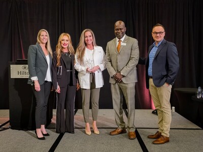 Pictured at the CCST award ceremony, left to right: Erin Delashmit, Concorde–Grand Prairie Dental Hygiene Program Director; Nikki England, CCST Immediate Past Chair; Jennifer Allen, Graduate of the Year honoree; Jahmil Jones, Concorde–Grand Prairie Campus President; and Eugene Hague III, CCST Board Member.