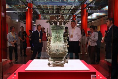 Lianhe Fanghu, a bronze jar with lotus and crane decorations, on show at the special exhibition, A Century of Stewardship From the Forbidden City to the Palace Museum.