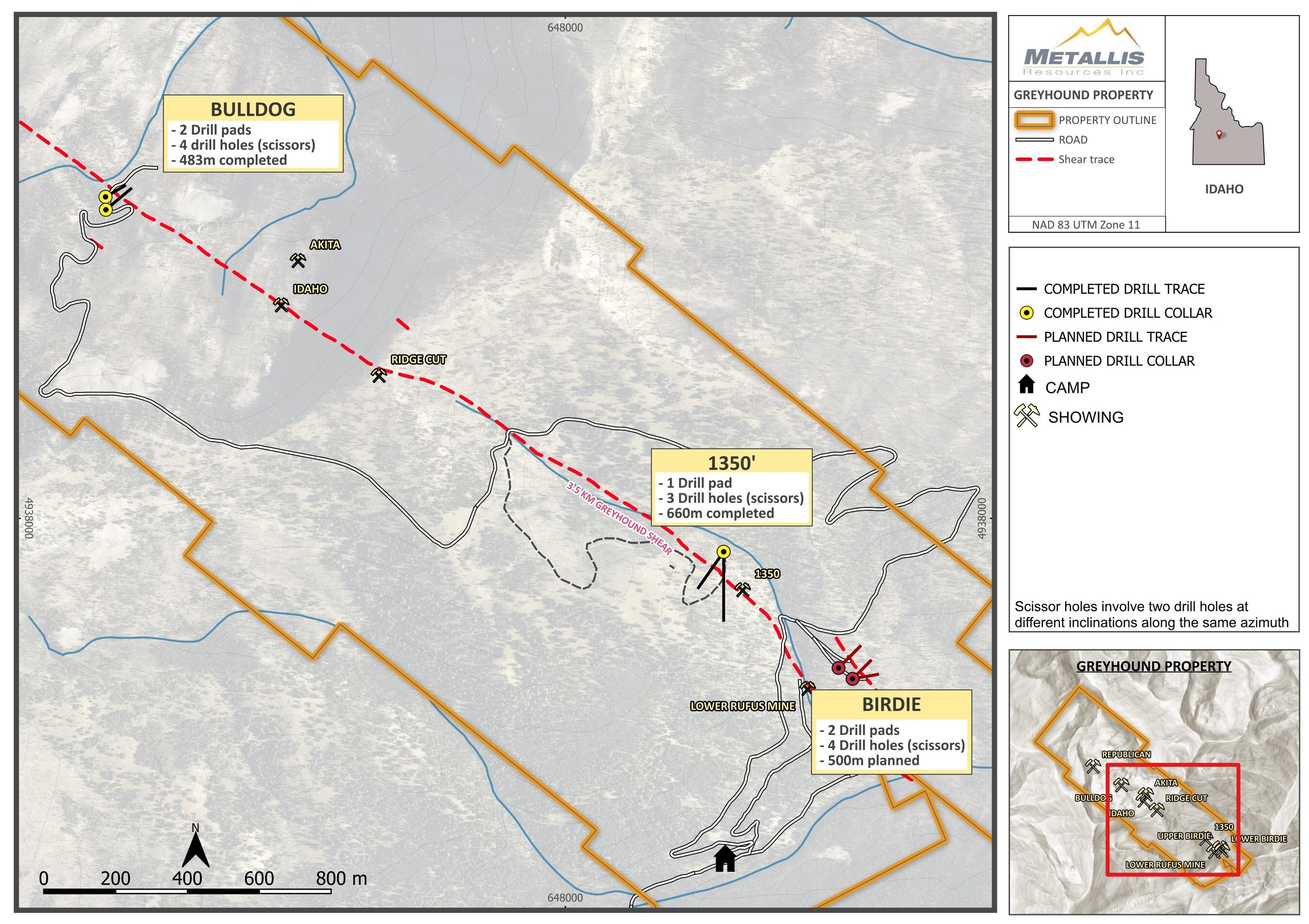Map 1: Plan view map of the drilling on the Greyhound Property in 2025 (CNW Group/Metallis Resources Inc.)