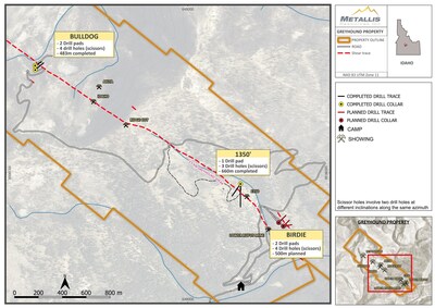 Map 1: Plan view map of the drilling on the Greyhound Property in 2025 (CNW Group/Metallis Resources Inc.)