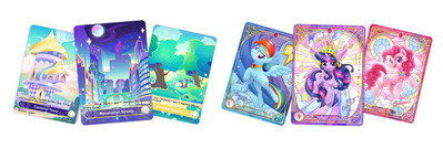 Players can collect 68 card types across nine rarity levels, including Shining Ruby Rare (RR) Cards that feature the Mane 6 and their elements of harmony illustrated with vibrant colored pencils and lush oil painting textures; and Shining Emerald Rare (ER) Cards that showcase iconic Equestrian landmarks themed for each of the Mane 6 with exclusive day/night variations.