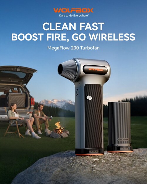 Wolfbox's new MegaFlow 200 Super Power Turbofan, the most powerful handheld fan on the market, combines best-in-class airflow with a lightweight, portable design that adds convenience to any outdoor adventure.