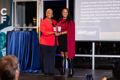 BCF Vice President of Community Impact Crystal Harden-Lindsey presents the award to 2025 Neighborhood Spotlight Awardee, Janette Graham.