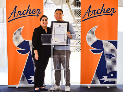 Vernon Mayor Leticia Lopez presents Archer Founder & CEO Eugene Kang with a Proclamation to Commemorate the Grand Opening of the New Archer Manufacturing Facility in Vernon, CA (Photo Credit Pascal Shirley)