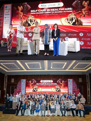 Top: Rachmadi Joesoef, Chairman of Asia Pacific Self Medication Industry (APSMI), presenting a token of appreciation for Prof. dr. Taruna Ikrar, M. Biomed, PhD, Head of Indonesian FDA, witnessed by Dr Junko Sato, Co-Chair of Self-CARER (PMDA Japan).  Bottom: Regulators and Industry Representatives from 11 Countries/Regions come together for Self Care in Asia Pacific. (PRNewsfoto/Asia Pacific Self-Medication Industry)