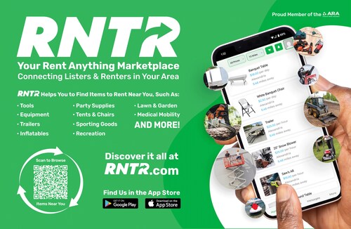 Hand holding a phone showing the RNTR.com app, searching for items to rent. | RNTR.com