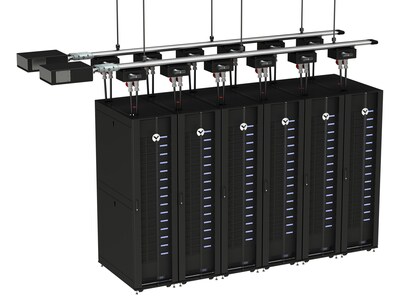 Vertiv™ PowerBar Track, a modular overhead power distribution system for high-density AI and HPC applications, offers continuous power delivery through an open-track design that optimizes space and simplifies installation. Photo © Vertiv.