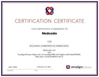 MediCodio Achieves Veradigm Connect Certification, Enabling Seamless Integration with Veradigm EHR and Practice Management Systems